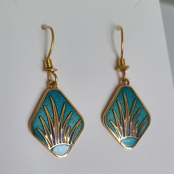 Vintage Jewelry - Vintage Art Deco Roccoco Gold Tone Turquoise Enamel Reed Boho Drop Earrings